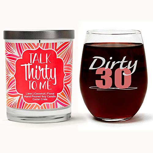 40% Off Discount Candle and Wine glass Gift Set, Cute Stemless 15 oz, Dirty Thirty Wine Glass, Talk Thirty To Me Soy Candle, Lime, Coconut, Floral