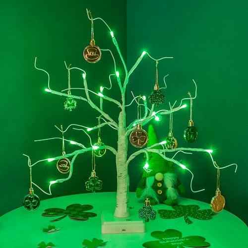 Woohaha 24LED St.Patrick's Day Decorations Tree,18IN Tabletop Lighted Birch Tree with Lucky Shamrocks Ornaments,Prelit Green St.Patrick's Day Tree Battery/USB Operated Timer for Home Party Decor