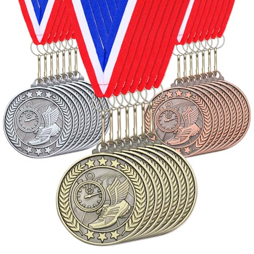Remuuly 30/60/100 Pcs Track Award Medals Bulk 2 Trophy Track and Field Medals Running Race with Neck Ribbons Prize Gift for Tournaments Sports Competition Group Adult (Gold Silver Bronze 30 Pcs)