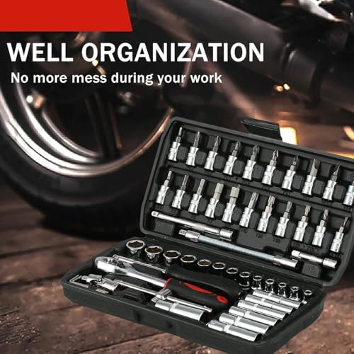 Image of KBZONE Socket Wrench Set, 53PCS 1 /4 Inch Ratcheting Wrench Set And Extension Bar Gimbal Slide Bar Extension Sockets, Set For Automotive Repair And Home Use (Black)