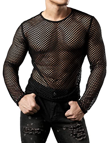 JOGAL Mens Mesh Fishnet Fitted Long Sleeve Muscle Top Medium WG04 Black