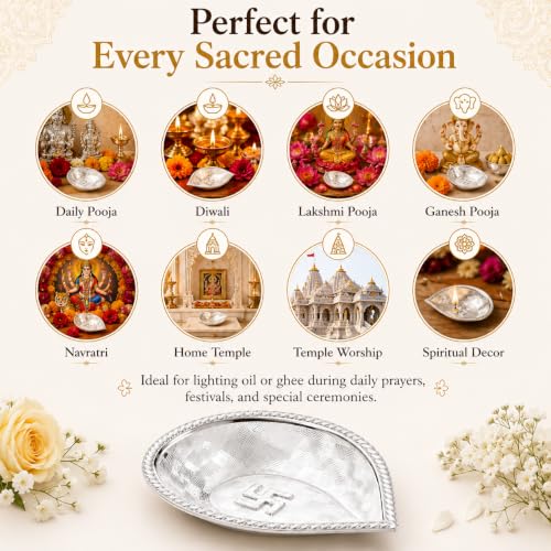 Image of 985 Pure Silver Leaf Diya, Handmade Silver Deepam Oil Lamp, Chandi Diya for Home Temple, Daily Pooja, Lakshmi Pooja & Diwali, Pooja Item, Wedding, Housewarming, Return Festival Gift