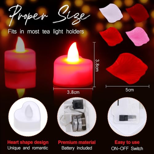 Image of Coume 6000 Pieces Artificial Rose Petal 72 Pieces LED Tealights Candle, Romantic Decorations Special Night Rose Petal Heart Candle for Valentines Wedding Anniversary Proposal Decor(Cute Red Light)