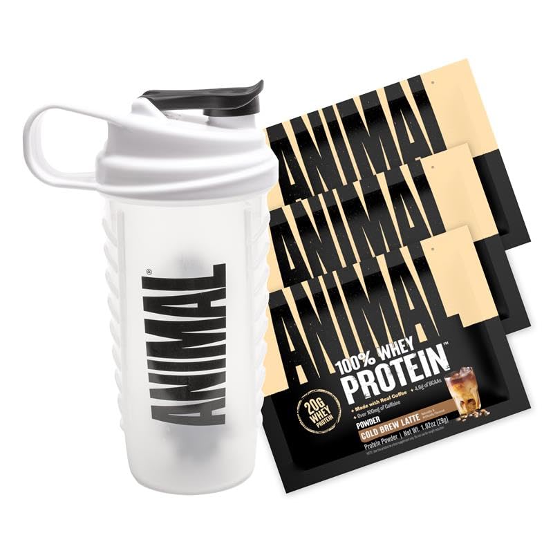 Image of Animal 100% Whey Protein Powder Samples & 25oz BPA Free Shaker Bottle - Real Instant Iced Coffee Whey + 20g of Protein, 120mg of Caffeine Meal Replacement with BCAA - Cold Brew Latte, 3 Single Packets