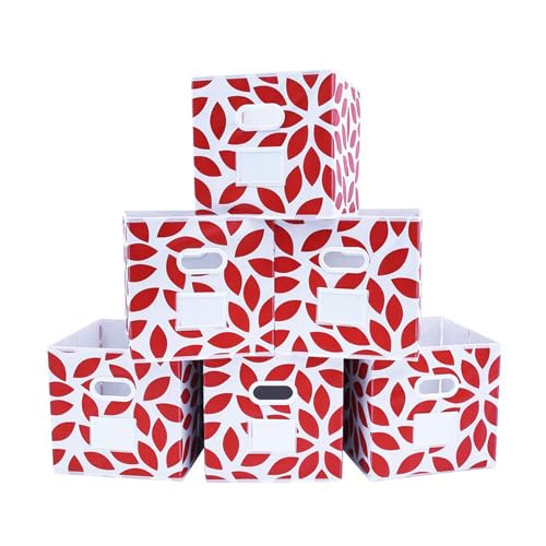 Image of MAX Houser Fabric Storage Bins Cubes Baskets Containers with Dual Plastic Handles for Home Closet Bedroom Drawers Organizers, Foldable, Set of 6 (Red)