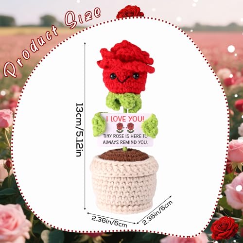 Pozytywna Róża, Wysokość 13cm Szydełkowane Czerwone Róże w Doniczkach z Kartką z Motywacją Kwiaty Wsparcia Emocjonalnego Lalka do Robienia na Drutach na Prezent dla Pary Rękodzieło Dekoracja