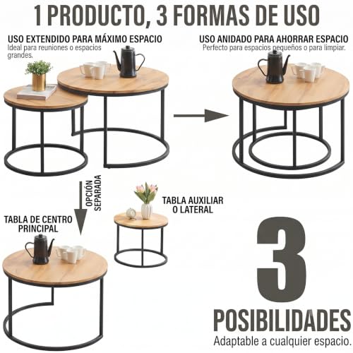 Miniatura 3 de Soayone Mesa Auxiliar Sofa Con Marco Negro, Juego De 2 Piezas Para La Mesa De Centro Redonda, Coffee Table Con Efecto De Grano De Madera, Mesa Centro Madera Modernas