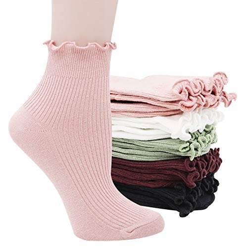 Lovful 5 Pack Ankle Socks for Women, Ruffle Cuff Cotton Crew Socks, Frilly Knit Lettuce Cute Low Cut Socks3