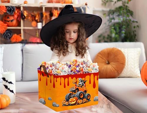 Image of Large Halloween Themed Candy Gift Boo Basket for Kids Baby Personalized Adults Storage Bin Fall Decor(Skeleton Monster Truck)