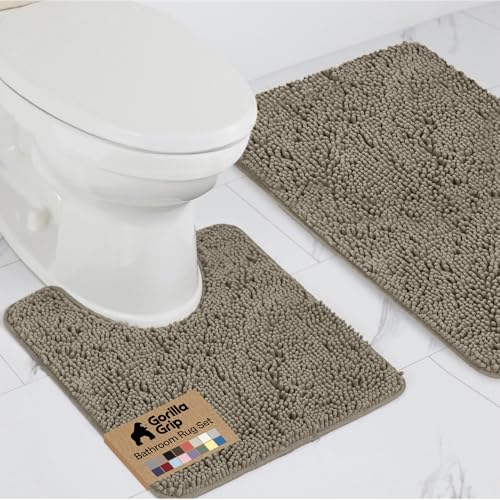 Image of GORILLA GRIP Bathroom Rug Sets, Soft Chenille 2 Piece Area Rugs Set, Toilet Base Mat and 30x20 Carpet, Absorbent Microfiber Washable Mats Dry Quickly, Home Decor and Bath Room Accessories, Latte