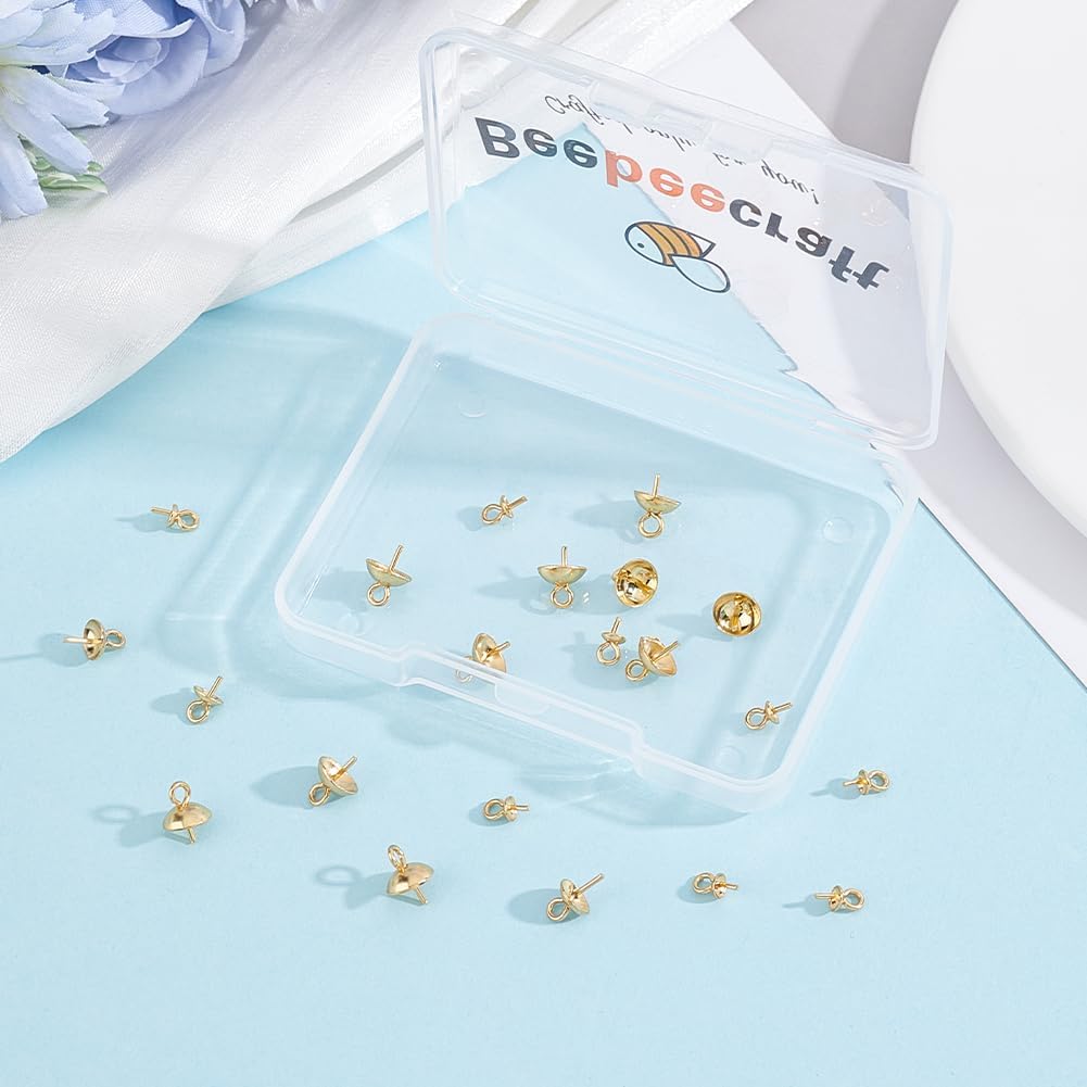 Beebeecraft 40Pcs 4 Size Eye Pin Bail Peg Golden Stainless Steel Pearl Cup Eye Pin Bail Peg Clasps Charm Pendant Connector for Half Drilled Beads Jewelry Making Findings