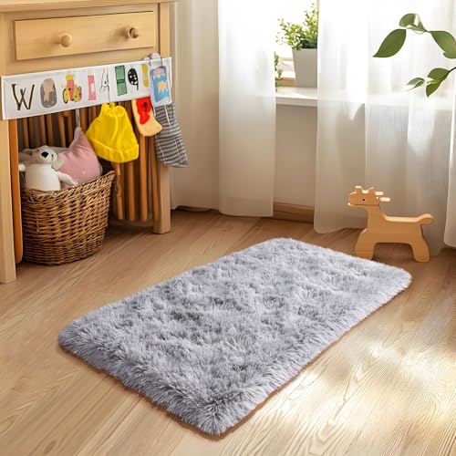 BSGIFT Teppich Hochflor Flauschig 60x110 Läufer Grau, Shaggy Langflor Teppich Wohnzimmer rutschfest für Schlafzimmer Kinderzimmer, Modern Wohnzimmerteppich Bettvorleger High-Pile Carpet