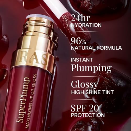 Image of RAS Luxury Oils Hydrating 4-in-1 Super Plump Lip Oil Gloss, Balm, Plumper & Gloss with SPF 20 | Enriched with Natural Oils, Peptides & Hyaluronic Acid - Black Cherry Glow