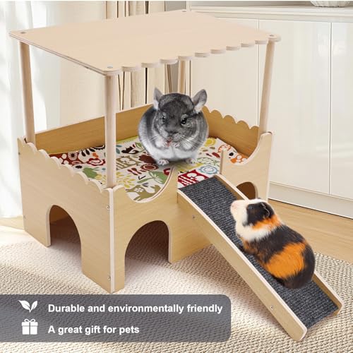 Guinea Pig Castle,Large Wooden Guinea Pig Hideout with Stairs,2 Tierd Small Animal Bed, Easy to Install for Hamsters Chinchillas Bunny Playing Hiding