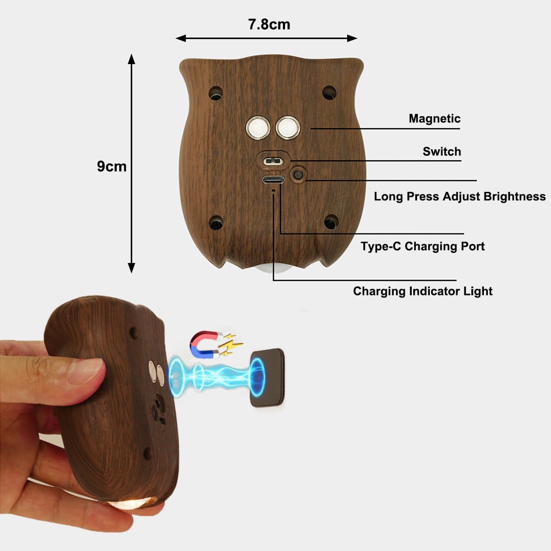 EaEa Luz Nocturna LED con Sensor de Movimiento, Pilas Búho Luz para Escaleras Regulable Lámpara Nocturna Magnética Recargable USB para Dormitorios Infantile Escalera Pasillo,blanca