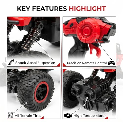 Image of Big Size Rock Crawler Rc 4x4 Car Monster Truck Toy for Boys Girls Kids, Off-Road Vehicle with LED Headlights & Music, Dual Mist Fog Spray Function, Anti-Skid Rubber Tires, Birthday Gift 6121 Red