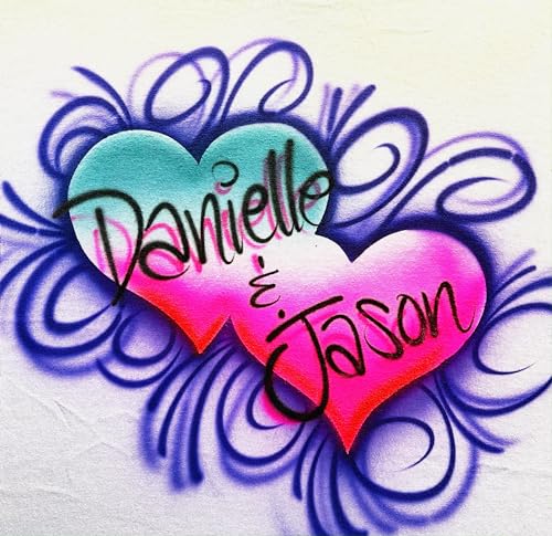 Double Hearts Airbrush T Shirt, Couples Design, Pink and Turquoise with Purple Swirls2