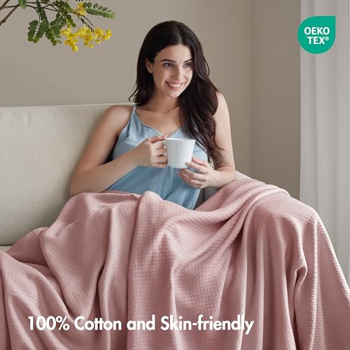Image of Madison Park 100% Egyptian Cotton Twin Size Bed Blanket for Summer Rose | Cozy Soft Breathable Durable, Waffle Weave Woven Casual, Lightweight Knit All Season Throw for Bed Couch or Sofa, OEKO TEX