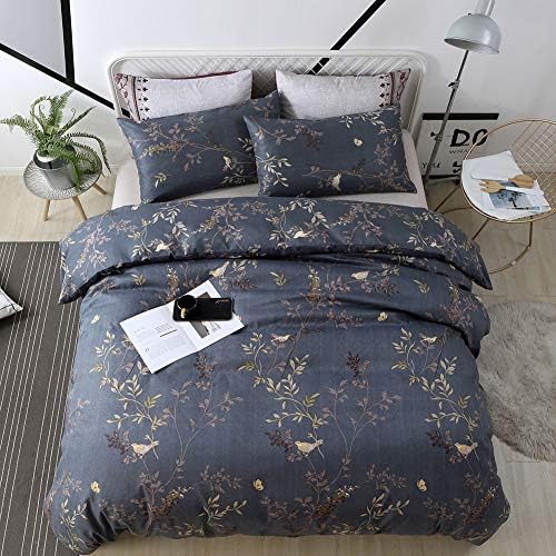 WeiWy Textile Queen Duvet Cover Set for Kids & Adults - 3 Piece(Without Comforter Inside) - Luxury Soft Microfiber - Dark Blue and Gold Floral Pattern