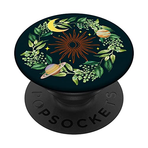 Line Art Sun Floral Celestial Flower Wreath Aesthetic Moon PopSockets Swappable PopGrip, Black