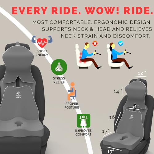 Image of MRRON Memory Foam Posture Corrector Car Seat Cushions Combo | Orthopedic Backrest, Coccyx Cushion & Neckrest | Ergonomic Lumbar Comfort Seat Cushion | Reduces Sciatica (Grey, Slim backrest)
