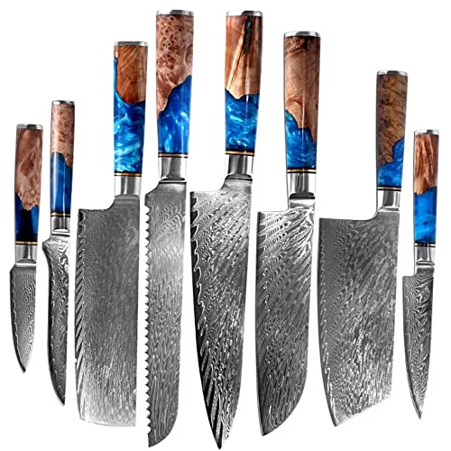 The Epicurean Cook Tidal Collection Kitchen Knife Set With Burl Wood Resin Handles (Blue Resin Handle). This 8-Pc Damascus Chef Knife Set, Are Ideal Kitchen Knives Set For The Kitchen. #TOP18