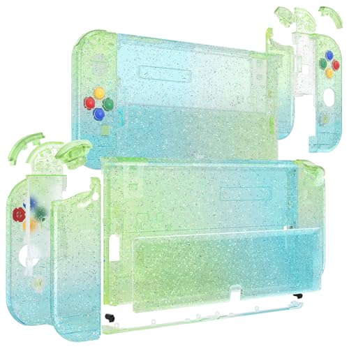 Image of eXtremeRate DIY Full Set Shell Buttons for Nintendo Switch OLED, Replacement Console Back Plate & Kickstand Custom Case Housing for Nintendo Switch OLED JoyCon -Glitter Gradient Translucent Green Blue