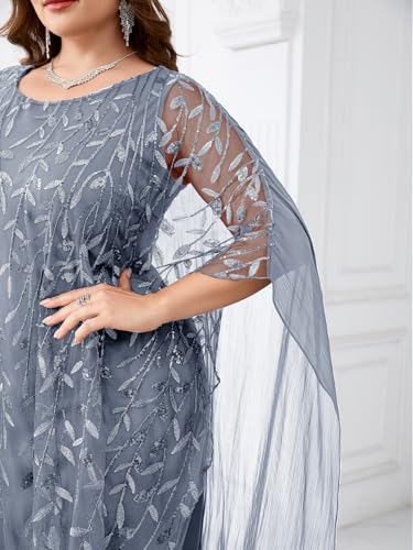 Image of Plus Size Sparkly Formal Evening Gown Sequin Cape Overlay Mother of Bride Dress Wedding Guest Cocktail Party