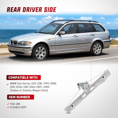 Image of Nilight 740-480 Rear Driver Side Window Regulator, Compatible with 1999-2005 BMW E46 323i 328i 325i 325xi 330i 330xi (Sedan /Wagon Only),OE Replacement