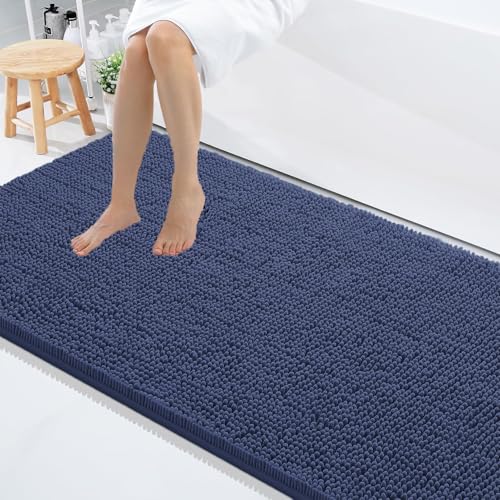 Image of LUXE HOME INTERNATIONAL Shaggy Chenille Bath Mat Extra Soft Super Absorbent Anti Skid Slip Popcorn Door Mats for Home Entrance, Bathroom, Bedroom, Kitchen, Floor Mat (60x120 cm Navy) Pack of 1