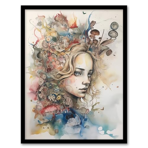 Artery8 Alice In Wonderland Portrait Watercolour Illustration Whimsical Magical Adventure Painting Artwork Framed Wall Art Print A4