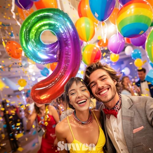 Image of SUWEN Rainbow Number 9 Balloon 40 Inch,Big Colorful Balloons 0-9 | Large Gradient Jelly 9th Helium Foil Mylar Number Multicolor Balloons for Birthday Anniversary Party Decorations
