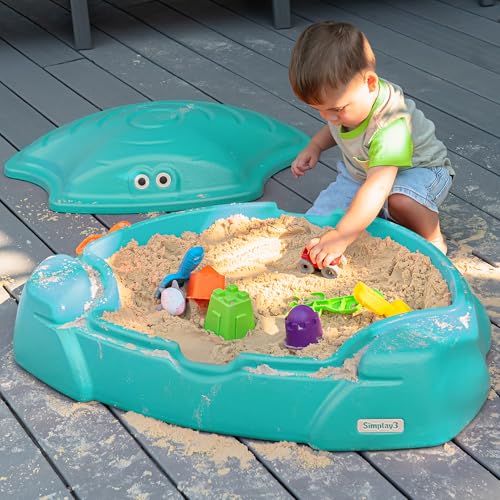 Image of Simplay3 Coastal Crab Fully Assembled Sandbox for Kids, Toddler Outdoor Sand Box with Lid for Playground, Backyard, Ages 1.5 to 5 Years, Made in USA, Teal