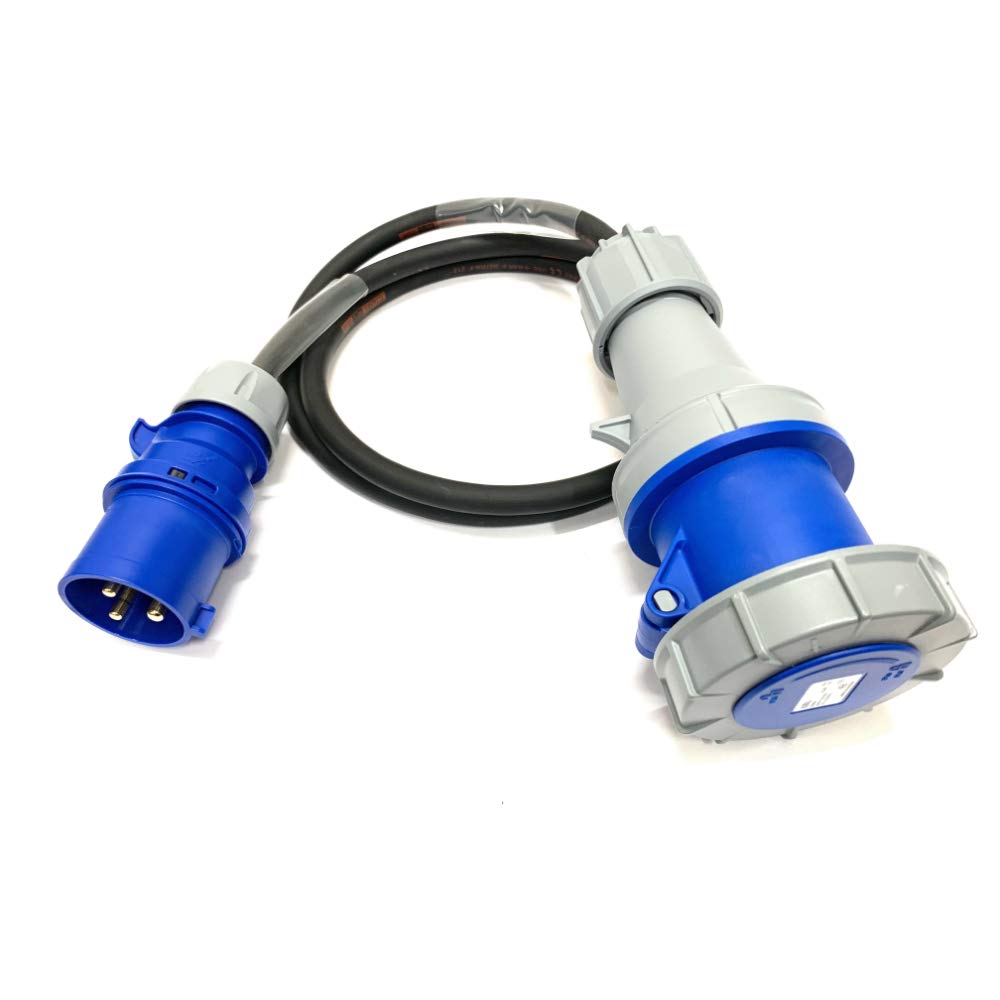 32 Amp Plug to 63 Amp Socket 3 Pin Single Phase 240V Adaptor - PCE Blue - Heavy Duty H07RN-F Rubber Cable - 32A-63A Adapter Converter Lead (1 Metre)