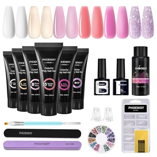 Phoenixy Kit Uñas de Gel 6 Colores 15ml Gel de Extensión de Uñas con Base y Top Coat Poli gel Kit Principiante Blanco Violeta Kit de Uñas para Principiantes