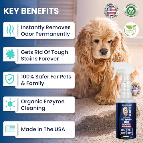 We Love Doodles Pet Stain & Odor Remover, Dog Urine Enzyme Cleaner, Organic Enzymatic Ingredients, Pee Spray Eliminator For Carpet, Made in USA, Professional-Grade Kid & Pet-Friendly, 32 oz We Love Doodles Pet Stain & Odor Remover, Dog Urine Enzyme Cleaner, Organic Enzymatic Ingredients, Pee Spray Eliminator For Carpet, Made in USA, Professional-Grade Kid & Pet-Friendly, 32 oz