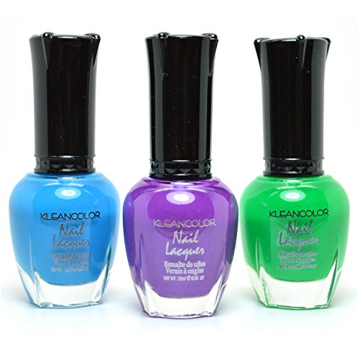 3 KLEANCOLOR NAIL POLISH NEON COLOR AQUA, GREEN, PURPLE LACQUER + Free ZipBag