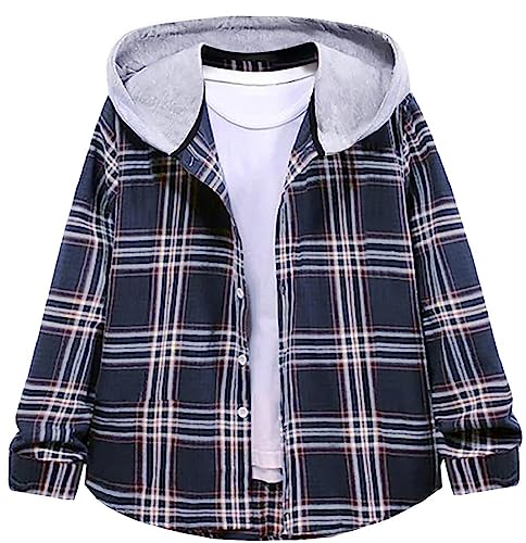 Geckatte Kids Boys Girls Button Down Shirts Long Sleeve Lightweight Plaid Hooded Flannel Shirt Cute Tops Navy