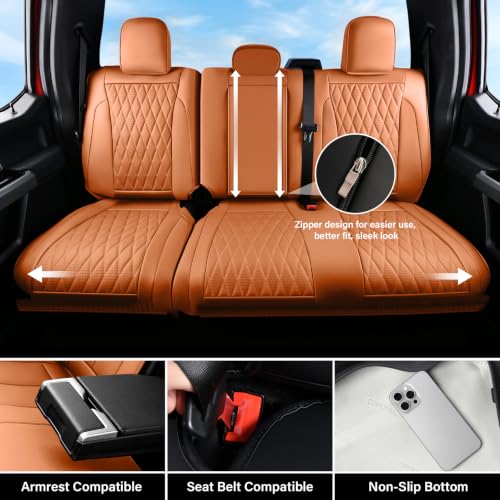 Image of Coverado Premium Leather Full Set Seat Covers Waterproof Heavy-Duty Protectors Custom Fit for Ford F150 (2015-2026) F250 /F350 /F450 (2017-2026)-Orange, Stain-Resistant