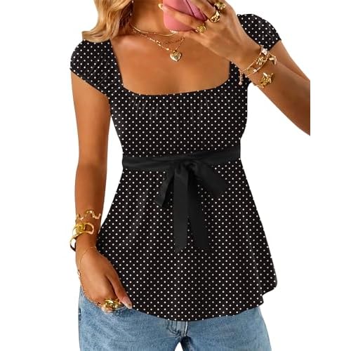 Rapbin Babydoll Tops for Women Peplum Baby Doll Shirts Y2k Square Neck Cap Sleeve Going Out Top 2026 Spring Summer Fashion