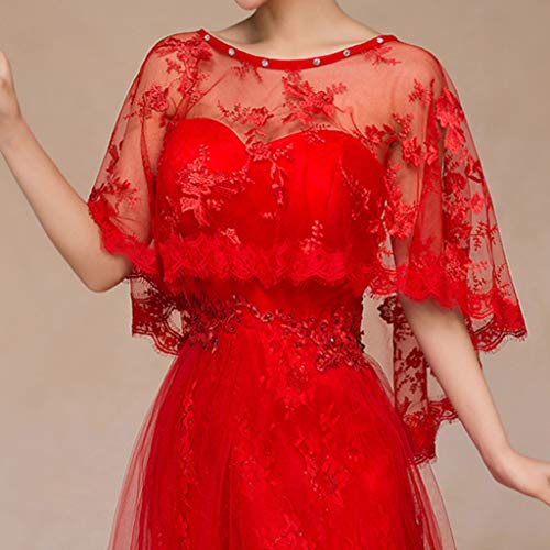 Wedding Shawl Women Embroidery Floral Lace Wedding Shawl Cape for Rhinestone Bridal Capelet, Red4