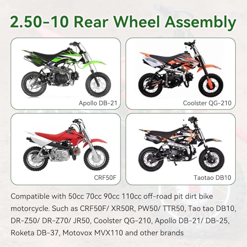 Image of 2.5-10 Rear Wheel Compatible with Dirt Bike CRF50 SSR70 XR50, 2.50x10 Tire & Rim for Apollo Taotao 50cc 70cc 90cc 110cc Pit Bike Off Road Motorcycle with Rear Drum Brake Pad Shoe Assembly Red