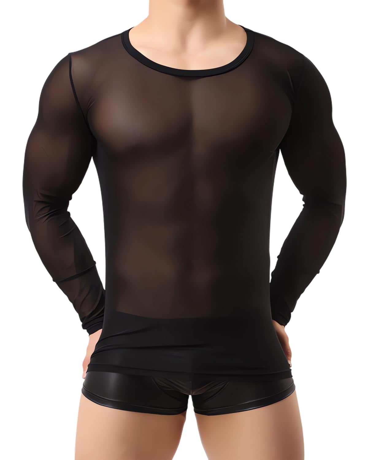 SAMHENG Men's Long Sleeve Tops, Sexy See Through Sheer Mesh Undershirt for Men, Slim Fit Gym Training Workout Tee Shirt Pullover Round Neck Transparent Tops Clubwear Party Rave Disco Performance
