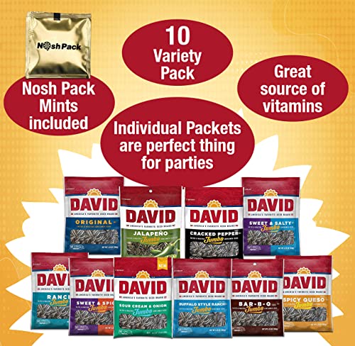David Sunflower Seeds Jumbo Bulk - 10 Individual Davids Sun Flower Seed Variety Pack, Original, Jalapeno, Salty, Spicy, Ranch, Bbq, Queso, Cracked Pepper, Sour Cream Onion, Buffalo With Nosh Pack Mints #TOP1
