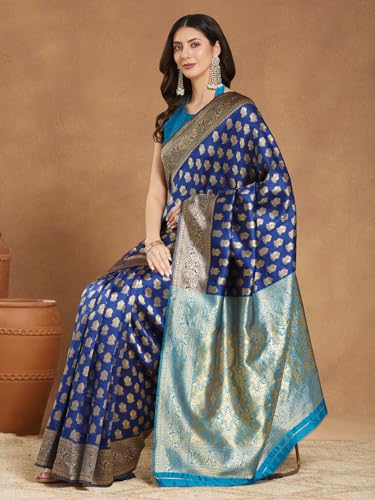 Image of Janasya Women's Sea Green Linen Blend Geometric Woven Design Jacquard Saree with Blouse Piece