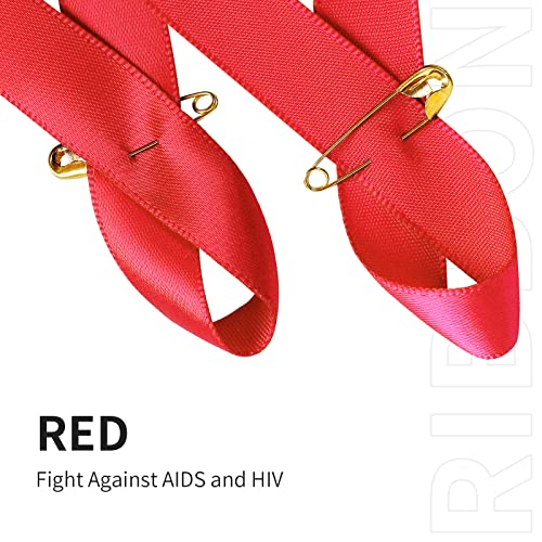 Image of 100 Pieces Red Satin Awareness Ribbons with Safety Pins for Fighting Against AIDS and HIV 1.4 x 3 inch