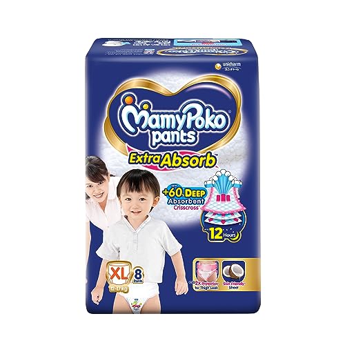 Image of Mamypoko Pants Extra Absorb| Pant Style Baby Diapers (XL), 8 Count, 12-17kg||Deep Sleep Diapers| Soft Gentle fit |Deep Absorbent Crisscross | Skin Friendly with Coconut Oil