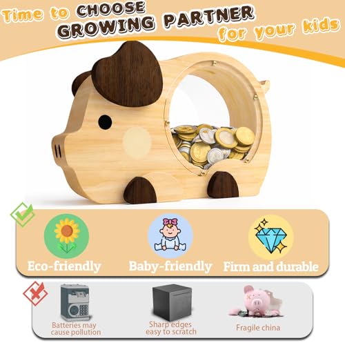 Image of Wooden Piggy Bank for Kids, Cute Money Bank for Boys, Clear Coin Bank with Plug, Wood Kids Bank Toy Unbreakable Money Box, Personalized Gift for Children Birthday Christmas and Festival