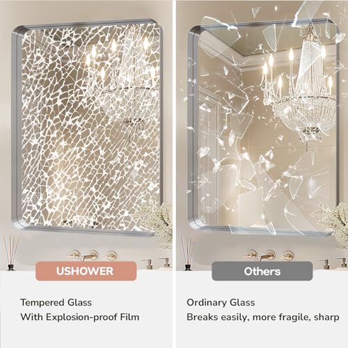 Image of USHOWER Brushed Nickel Bathroom Mirror 22 inchx30 inch, Silver Rectangle Mirror for Over Sink, Rounded Corner, Aluminum Frame, Anti-Rust, Tempered Glass, Horizontal or Vertical Mounted