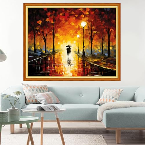 Image of Dimxvean Stamped Cross Stitch Kits,Cross Stitch Kits for Adults Beginners,Embroidery Kits Full Range of Cross Stitch Stamped Kits Needlepoint Kits Cross Stitch Patterns-Romantic Rain Night 16x20 inch